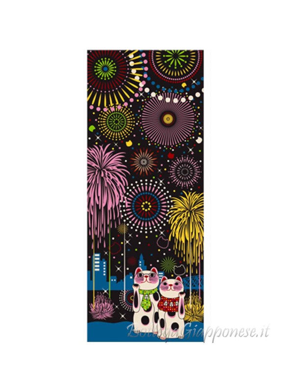 Tenugui art fuku neko fireworks