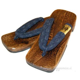 Blue flip-flop wooden geta with striped features