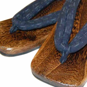 Blue flip-flop wooden geta with striped features