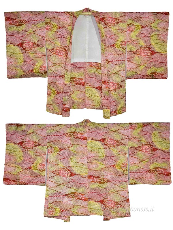 Haori shibori silk kimono jacket in red and green tones