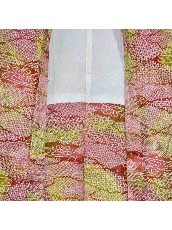 Haori shibori silk kimono jacket in red and green tones