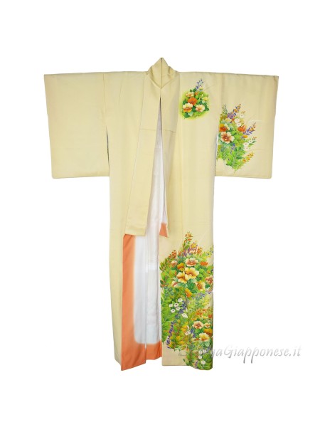 Houmongi silk kimono yellow and white flowers