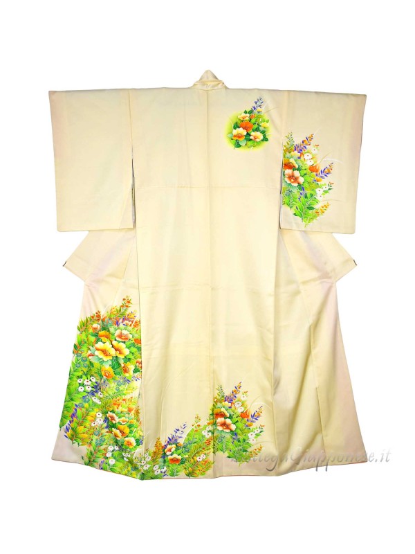 Houmongi silk kimono yellow and white flowers