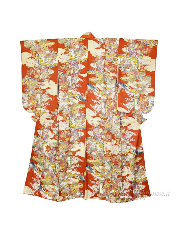 Komon red kimono with wide sleeves