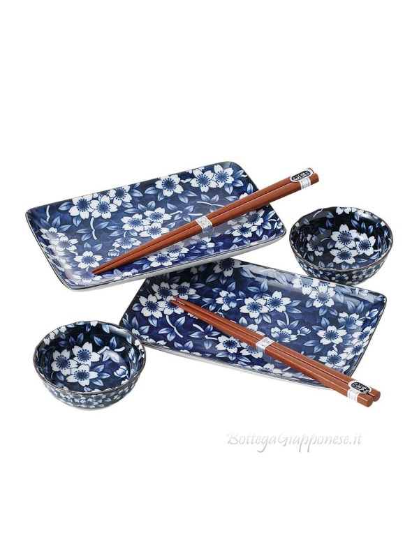 Sushi box set x2 blue sakura plats and bowls