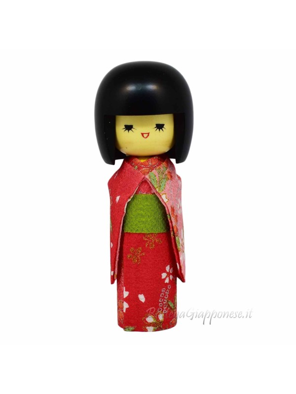 Kokeshi smile doll with pink/red furisode