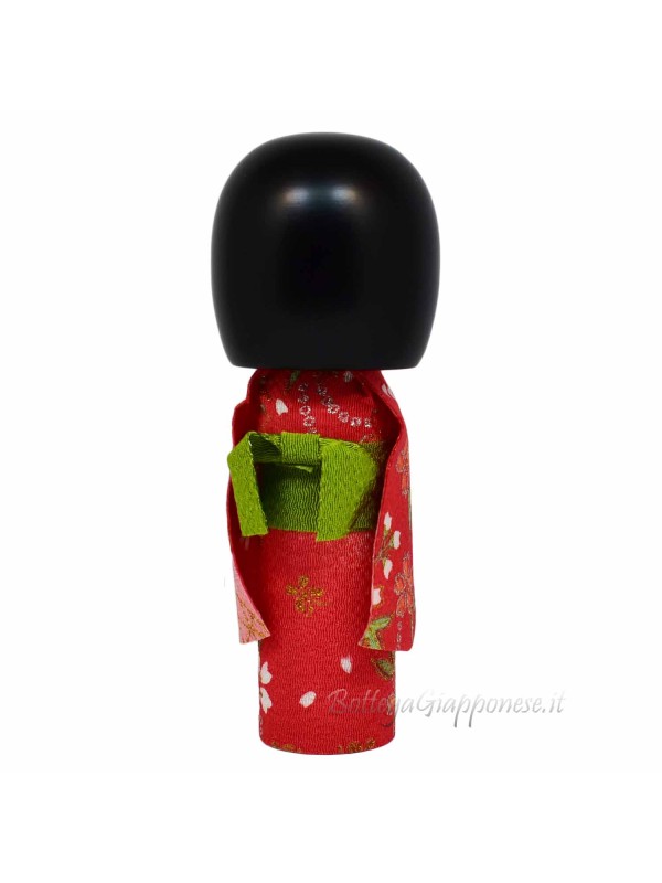 Kokeshi smile doll with pink/red furisode