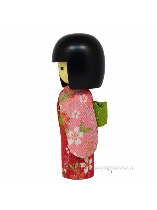 Kokeshi smile doll with pink/red furisode