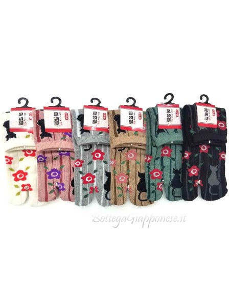 Tabi flip-flop socks with cat and flower design (tag.M)