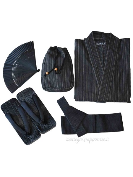 Black striped yukata con 4 accessories included (LL)