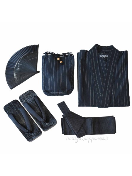 Black striped yukata con 4 accessories included (LL)