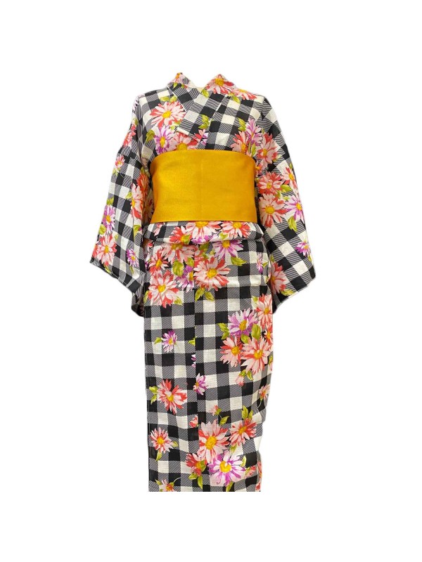 Yukata checked pattern with flowers [Fumiko]