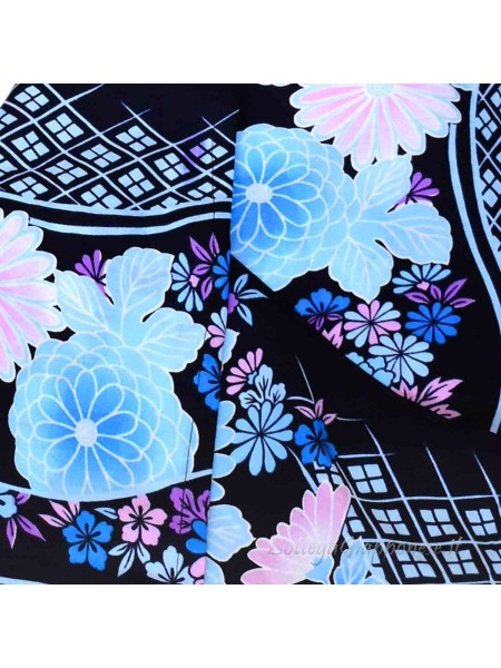 Yukata dark blue flower design [Kiku]