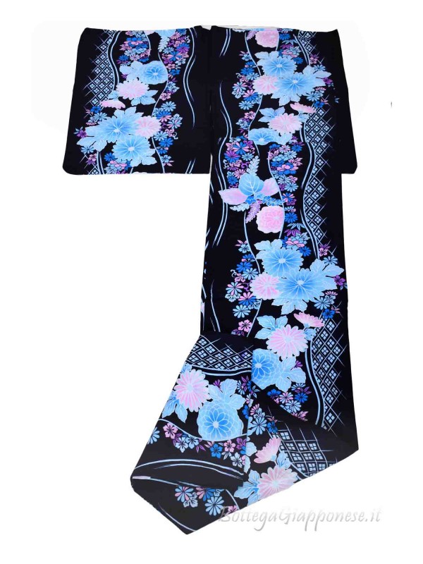 Yukata dark blue flower design [Kiku]